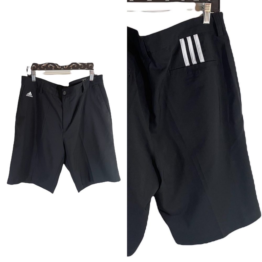 Adidas Athletic Golf Casual Shorts Black with cool White stripes Front Zipper